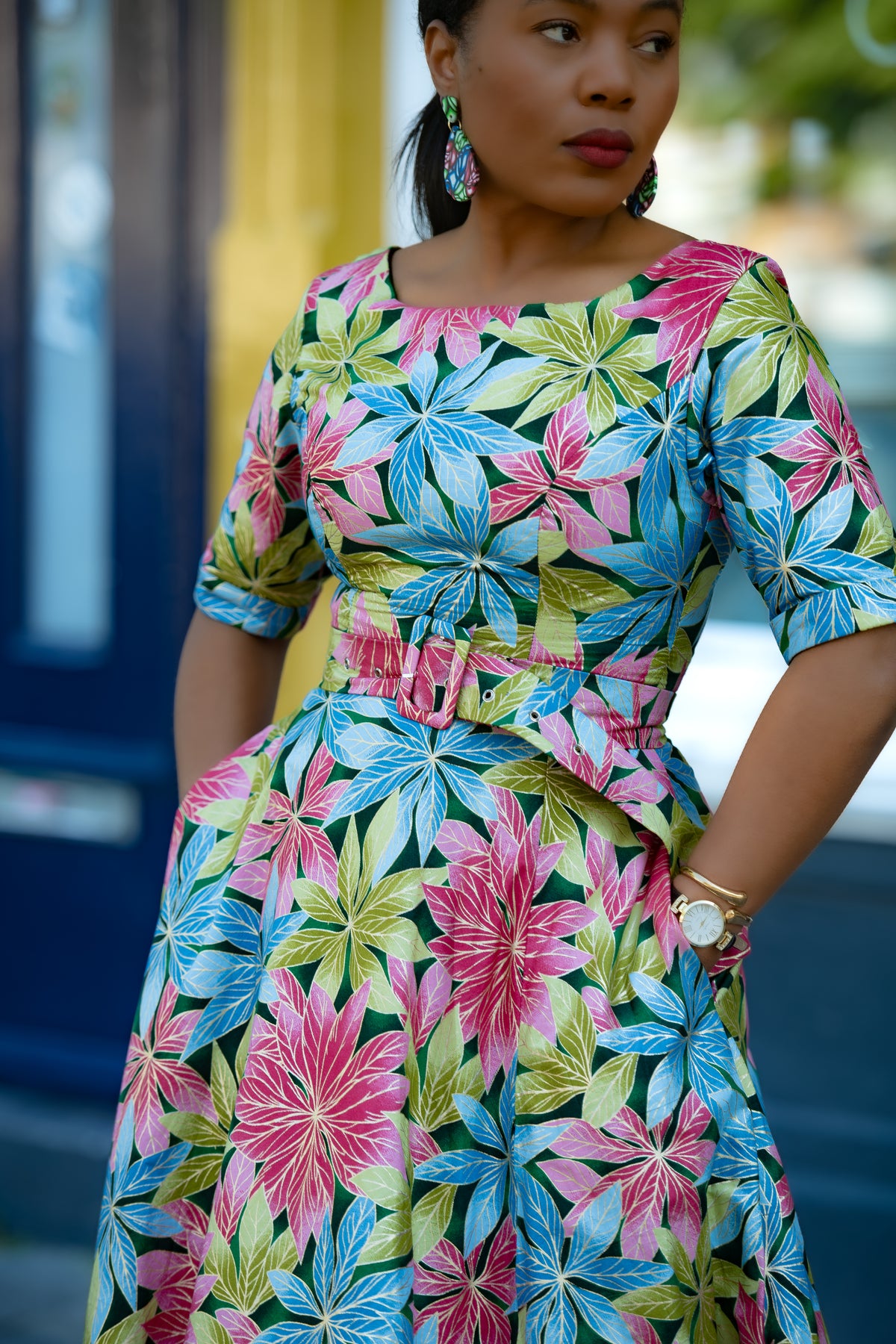 Close up detail of Floral Gold African print Maxi Cotton Dress with waist Belt & 3/4 Sleeves
