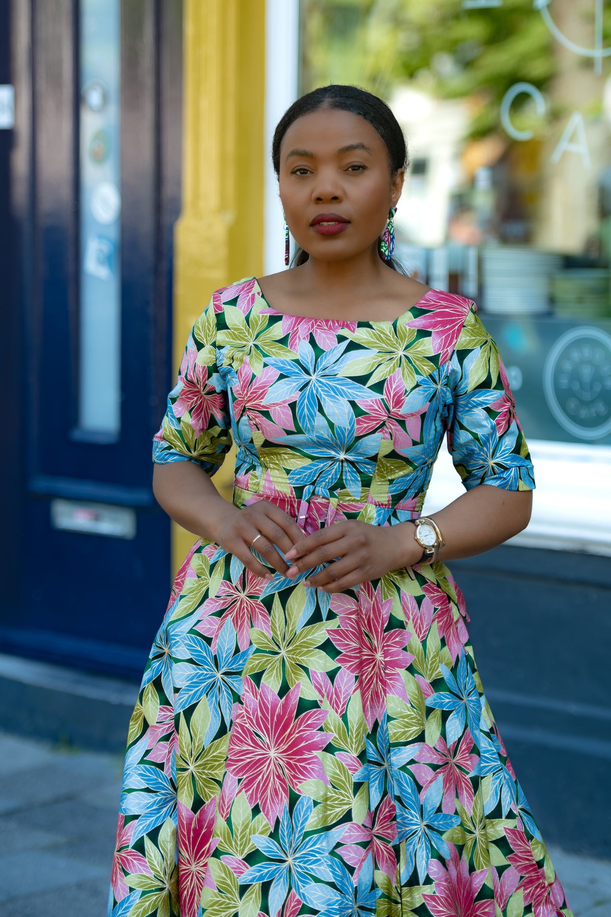 Floral Gold African print Maxi Cotton Dress with waist Belt & 3/4 Sleeves