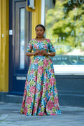 Floral Gold African print Maxi Cotton Dress with Fitted Silhouette by Heritage Clothings