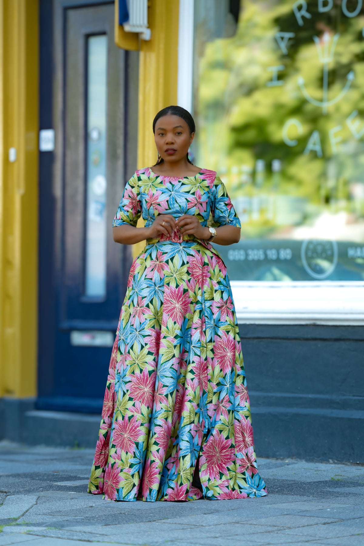 Floral Gold African print Maxi Cotton Dress with Fitted Silhouette by Heritage Clothings