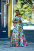 Side Detail of Floral Gold African print Maxi Cotton Dress with waist Belt & 3/4 Sleeves