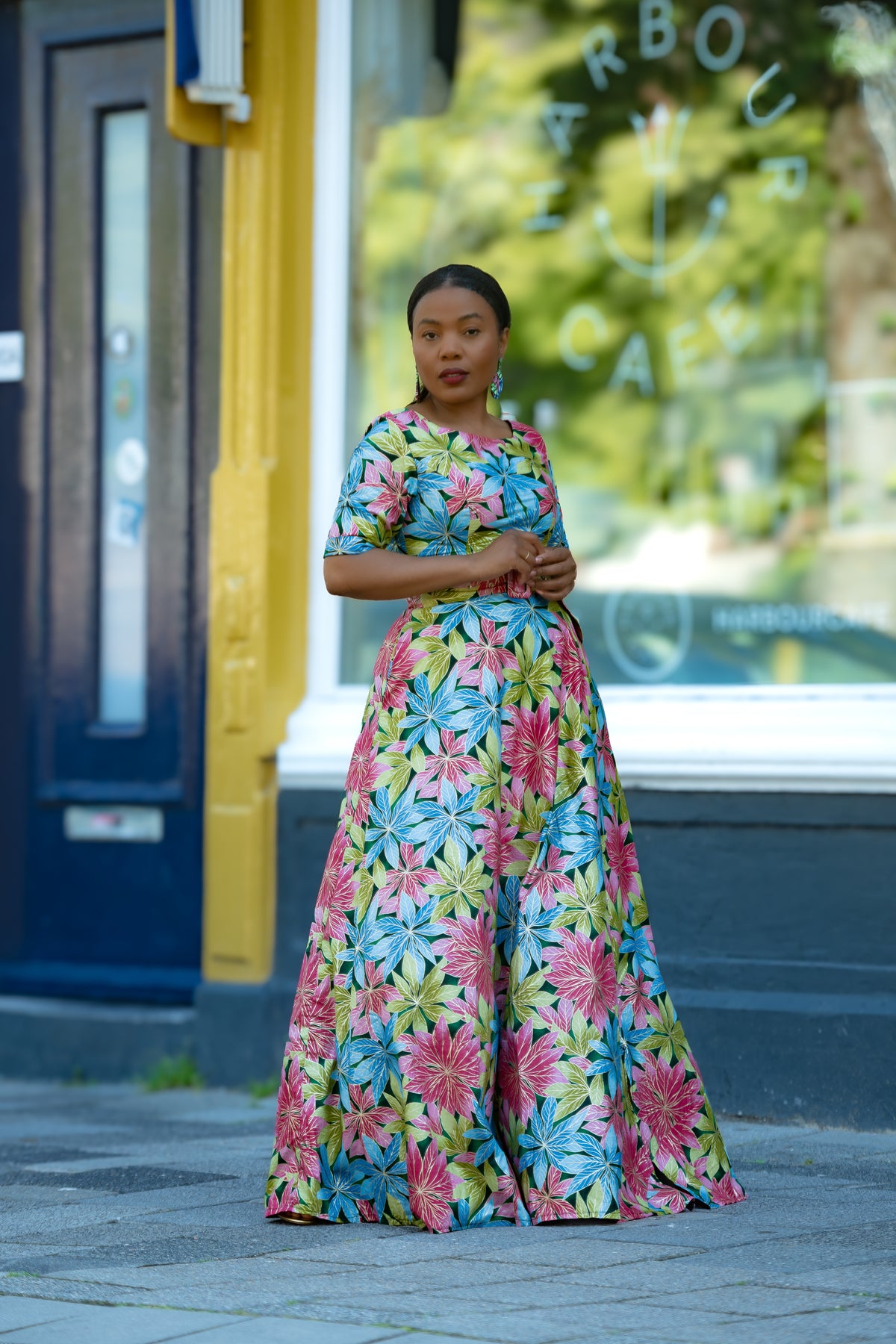 Side Detail of Floral Gold African print Maxi Cotton Dress with waist Belt & 3/4 Sleeves
