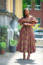 Women's African print multicolor Maxi Dress styled with heels for weddings