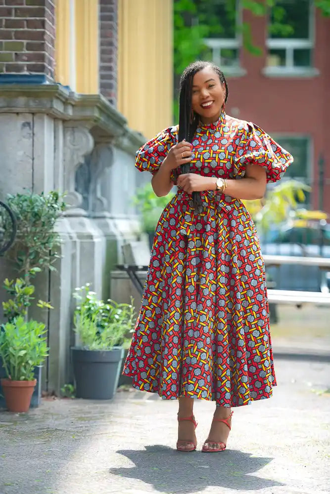 Women's African print multicolor Maxi Dress styled with heels for weddings