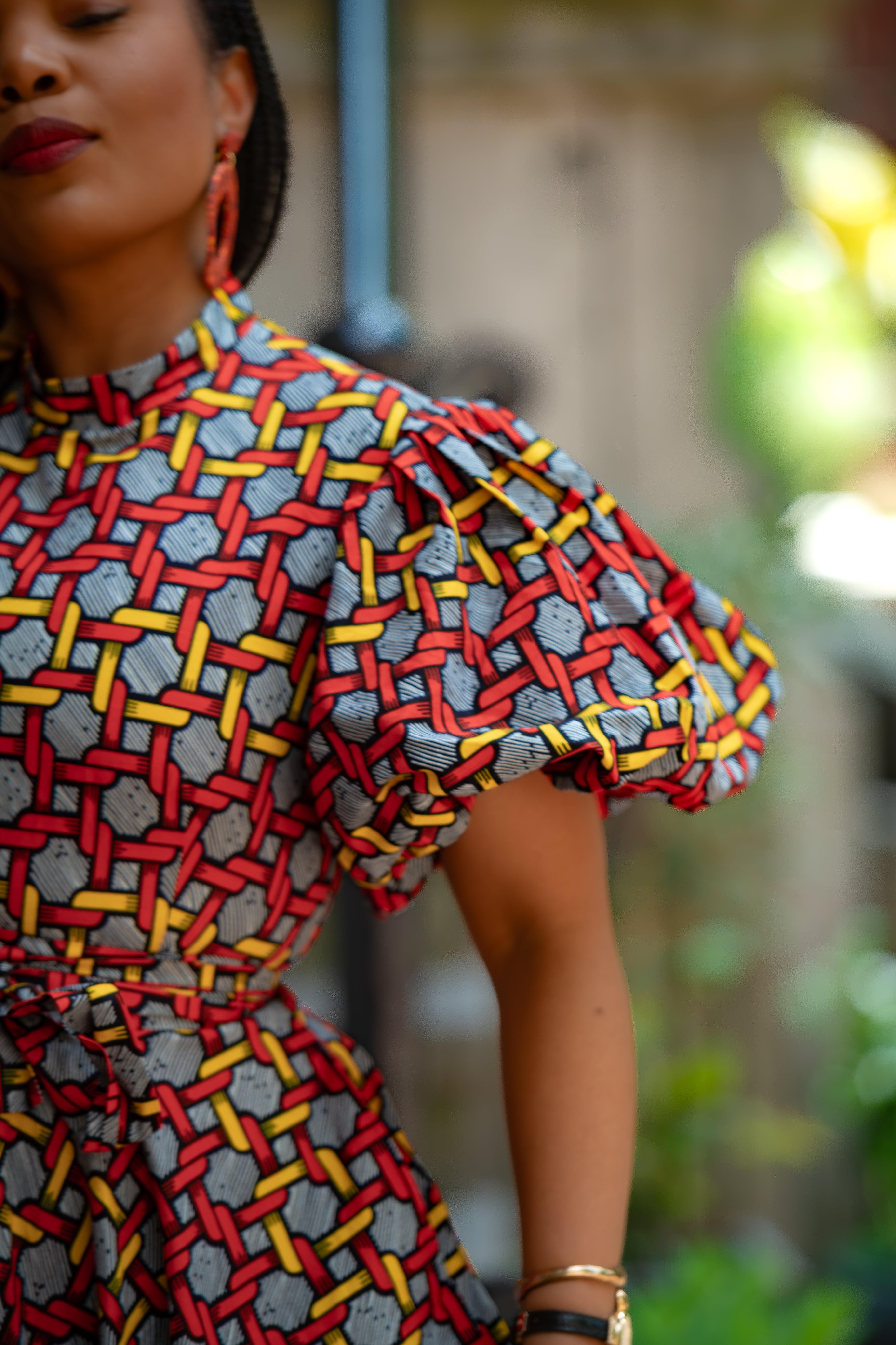Close up sleeve of Olori Woven African print Ankara Maxi Women's dress 