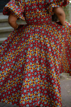 Close up of colourful Olori Woven African print Ankara Maxi Women's dress