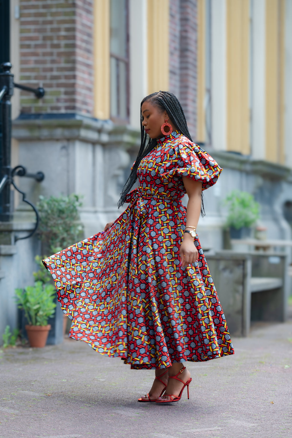 Side view of Olori Woven African print Ankara Maxi Women's dress 