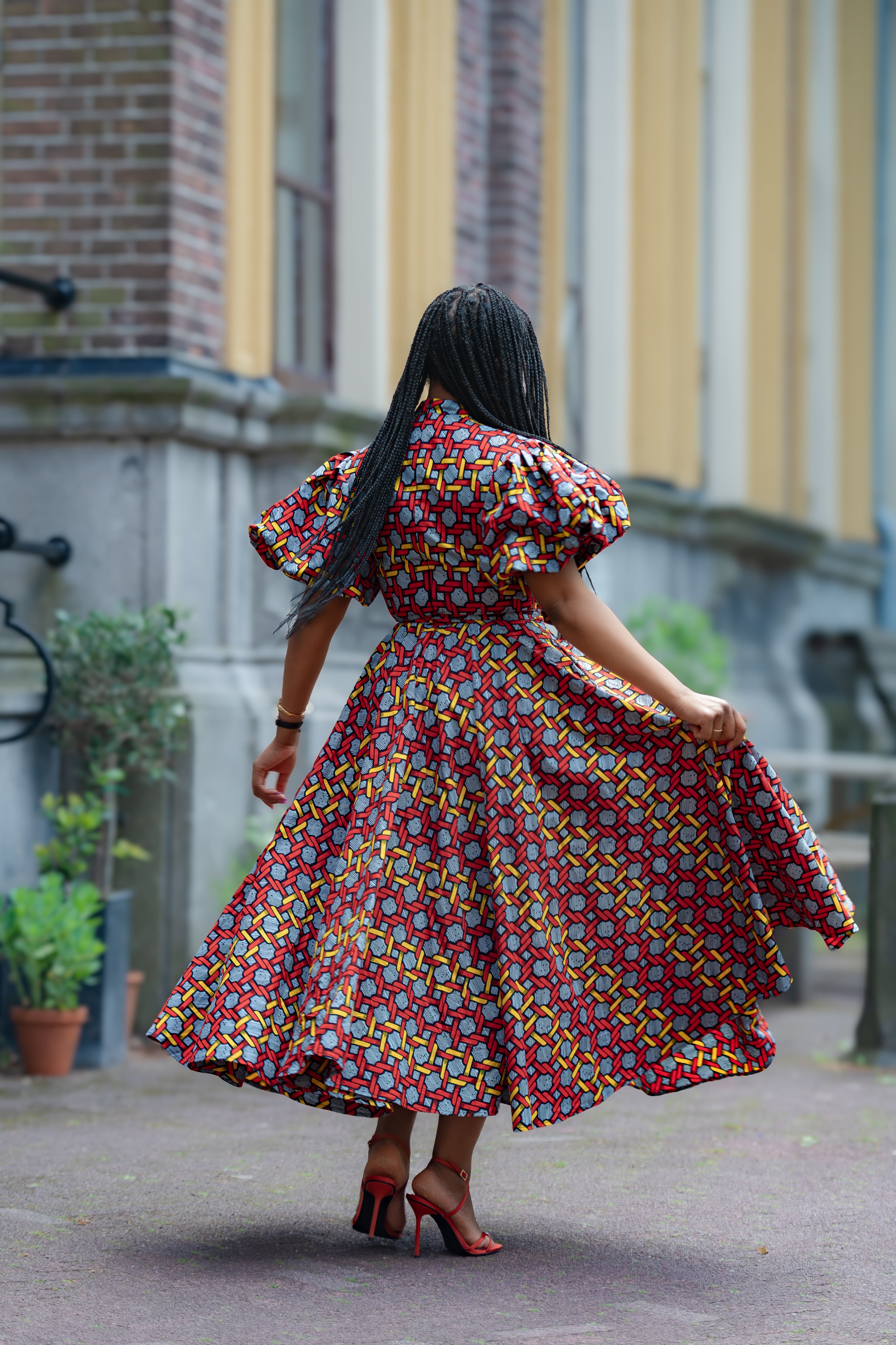Back view Olori Woven African print Ankara Maxi Women's dress 