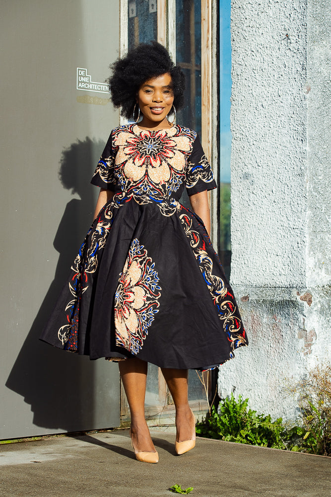 Oluchi Black And Red Floral Midi Dress Dresses