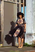  Front view of African print Ankara maxi dress in Black & Red Floral