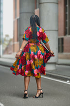 Back view of African print Ankara Floral Midi dress