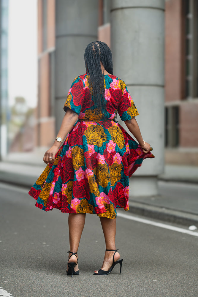 Back view of African print Ankara Floral Midi dress