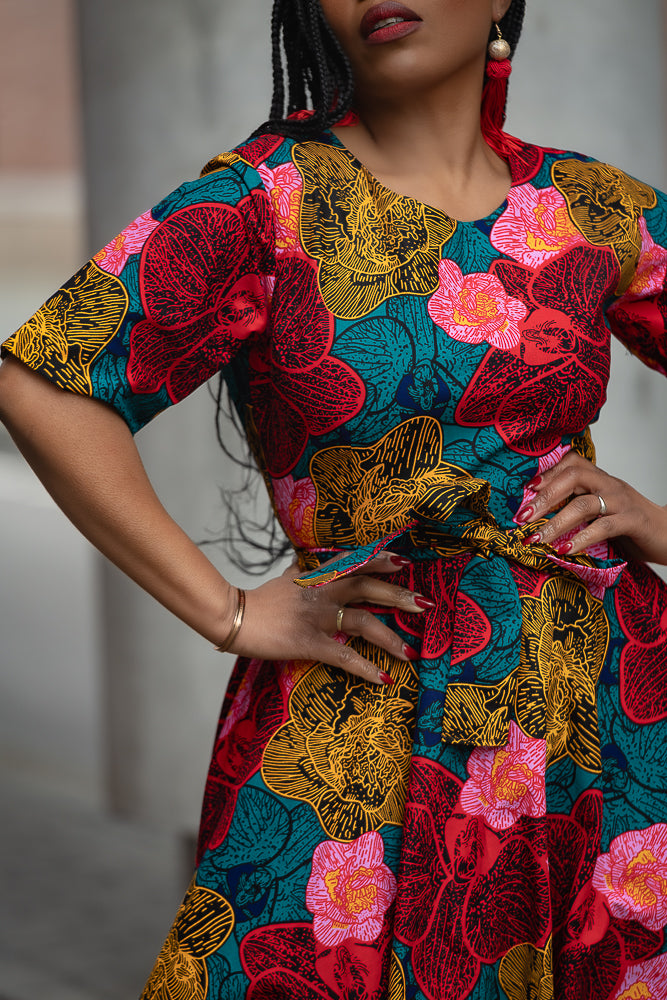 Close up Belt detail on Floral African print Midi dress