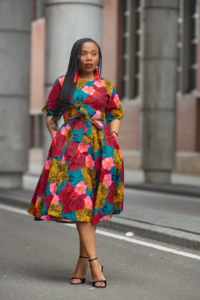 Full front view of African print Ankara Floral midi dress by Heritage Clothings