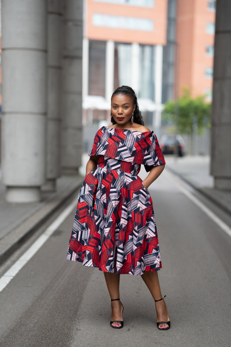 Oyin Red and Navy African Print Dress