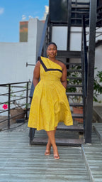 Dalia Black and Yellow Asymmetric Cotton Summer Midi Dress
