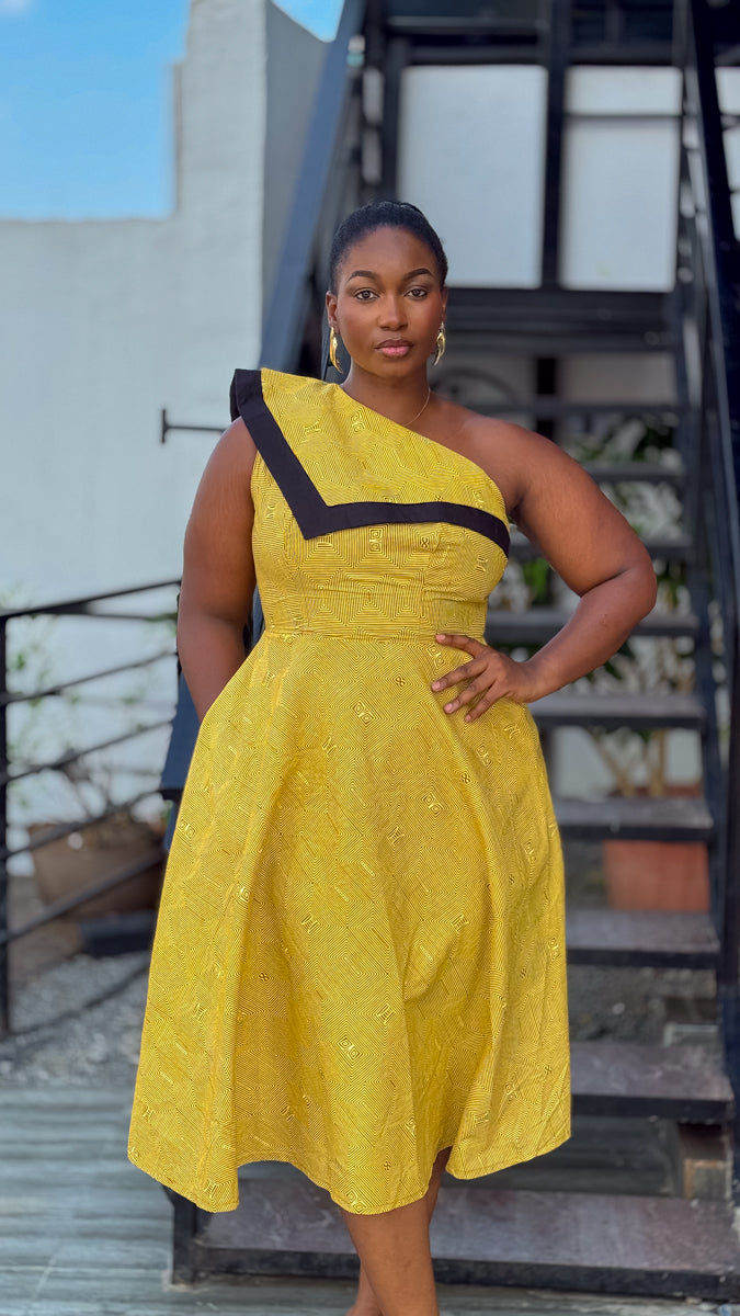 Dalia Black and Yellow Asymmetric Cotton Summer Midi Dress 3XL