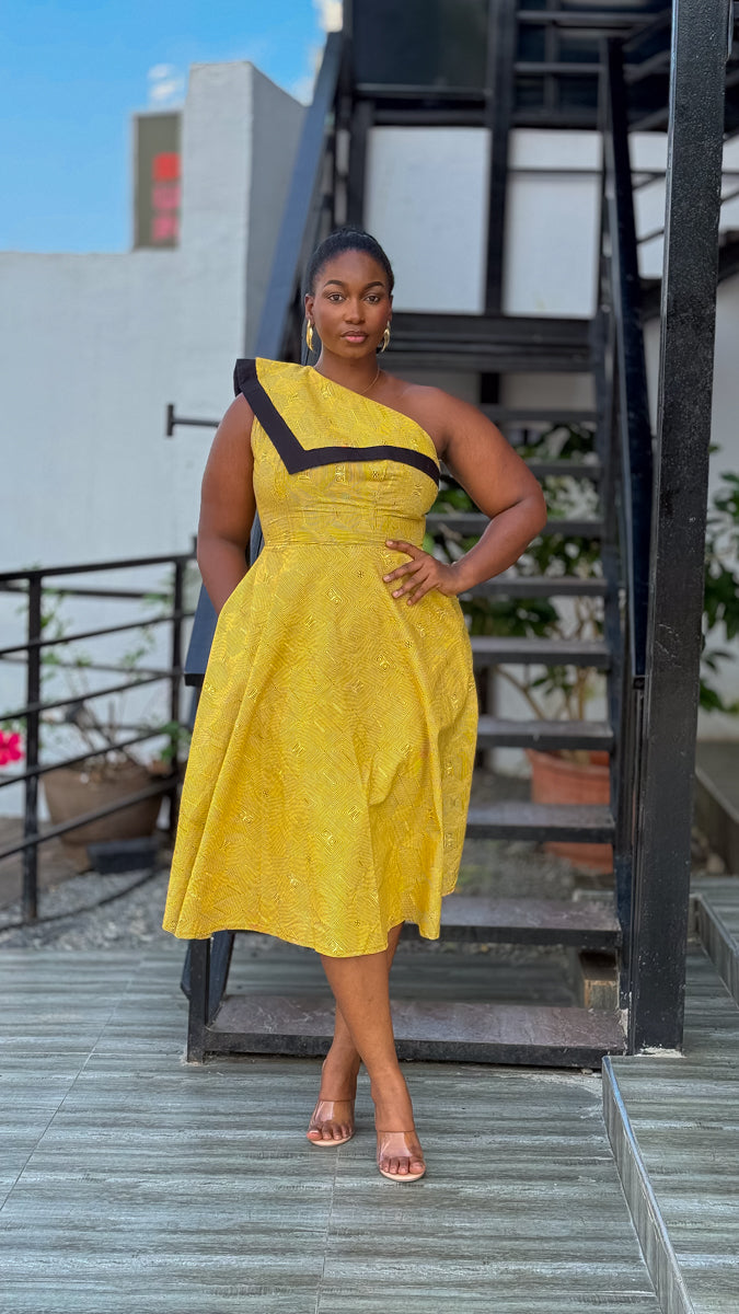 Dalia Black and Yellow Asymmetric Cotton Summer Midi Dress