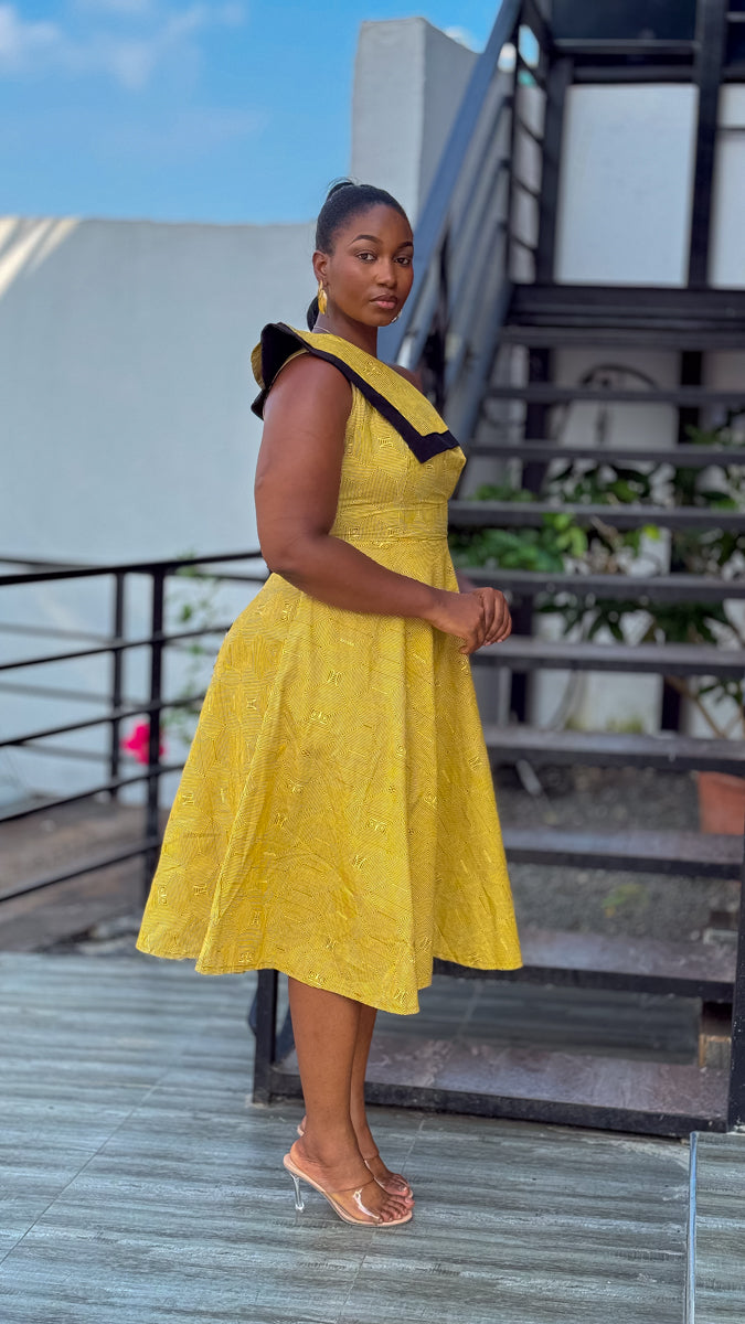 Dalia Black and Yellow Asymmetric Cotton Summer Midi Dress