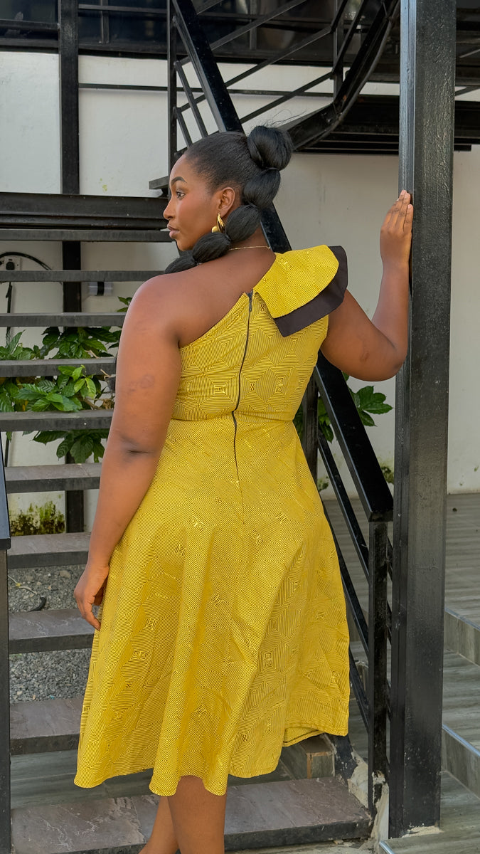 Dalia Black and Yellow Asymmetric Cotton Summer Midi Dress