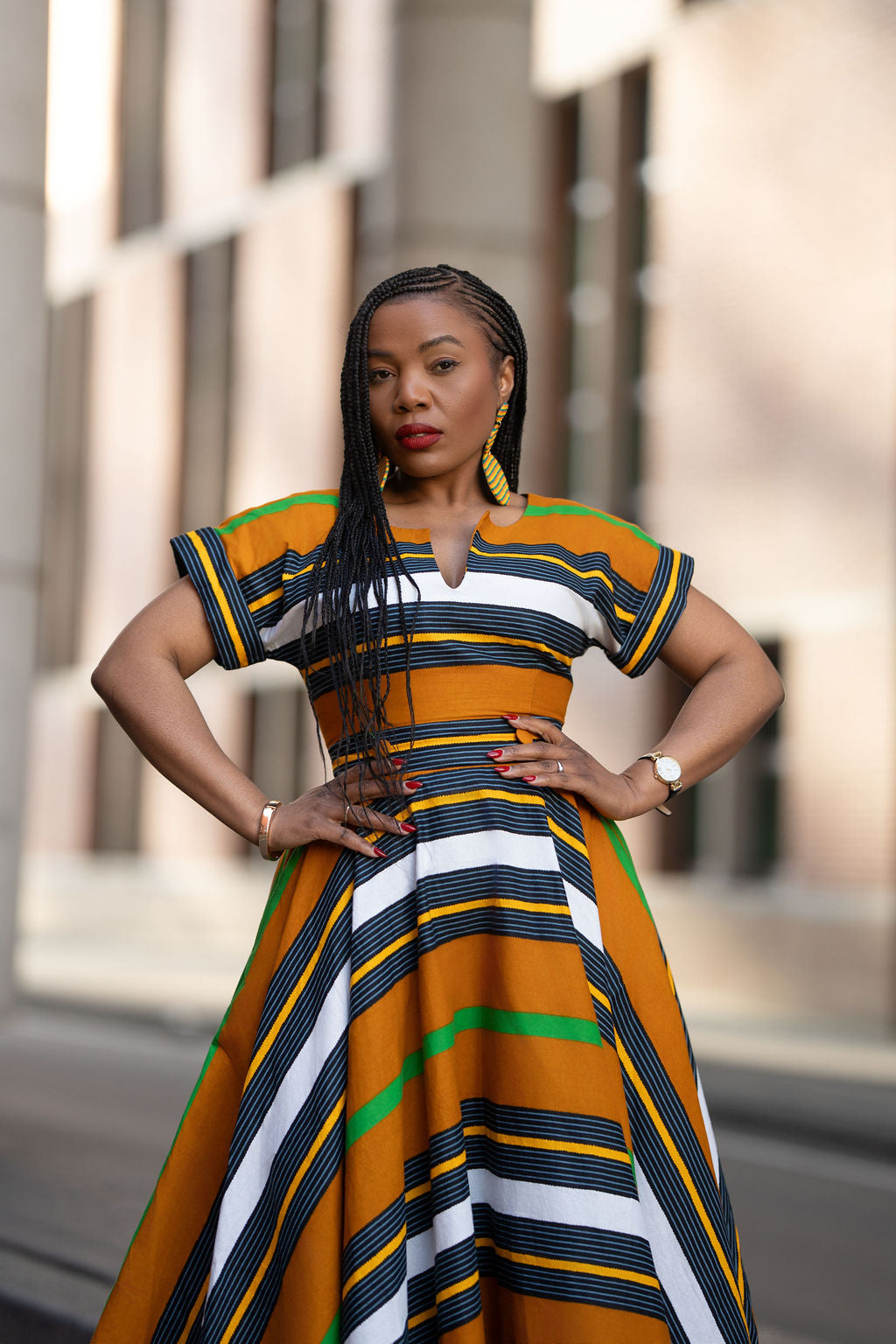 Close up of striped Ankara cotton Dress
