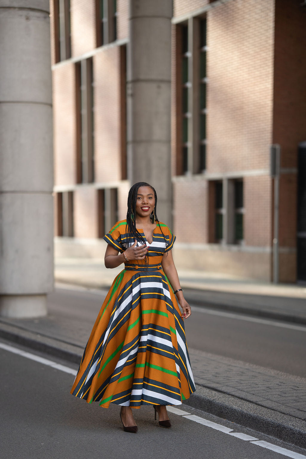 Brown striped African print Ankara Maxi Birthday Occasion Dress