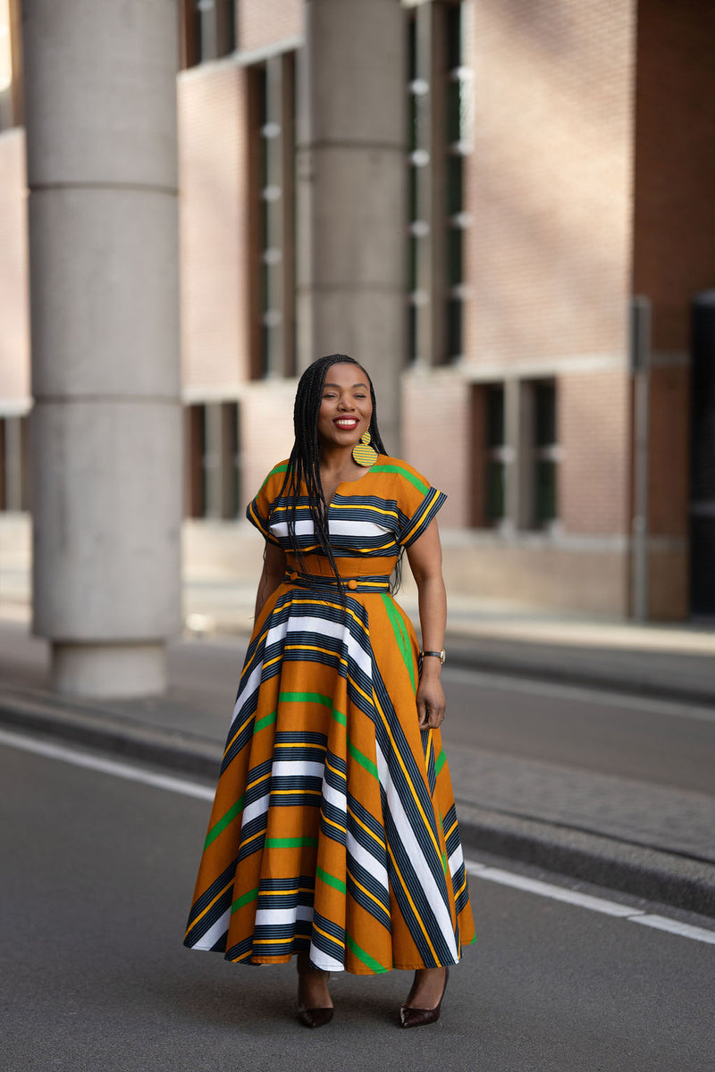 Brown striped African print Ankara Maxi Birthday Occasion Dress