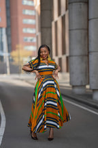 Full front view of women's African print Brown dress by Heritage Clothings