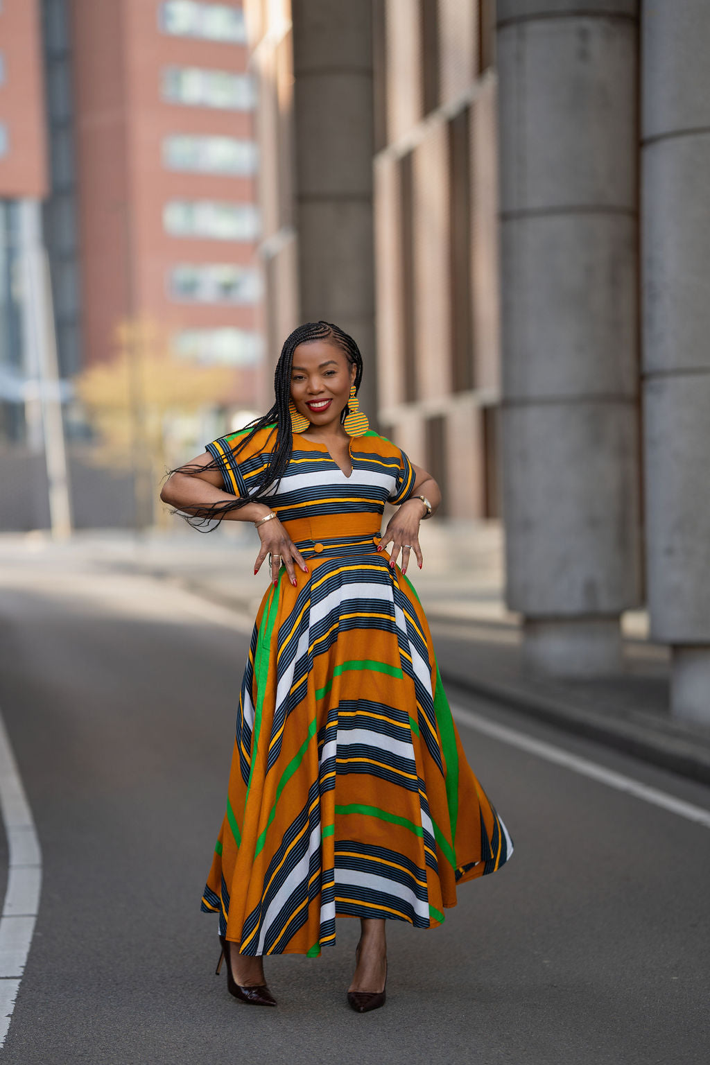 Full front view of women's African print Brown dress by Heritage Clothings