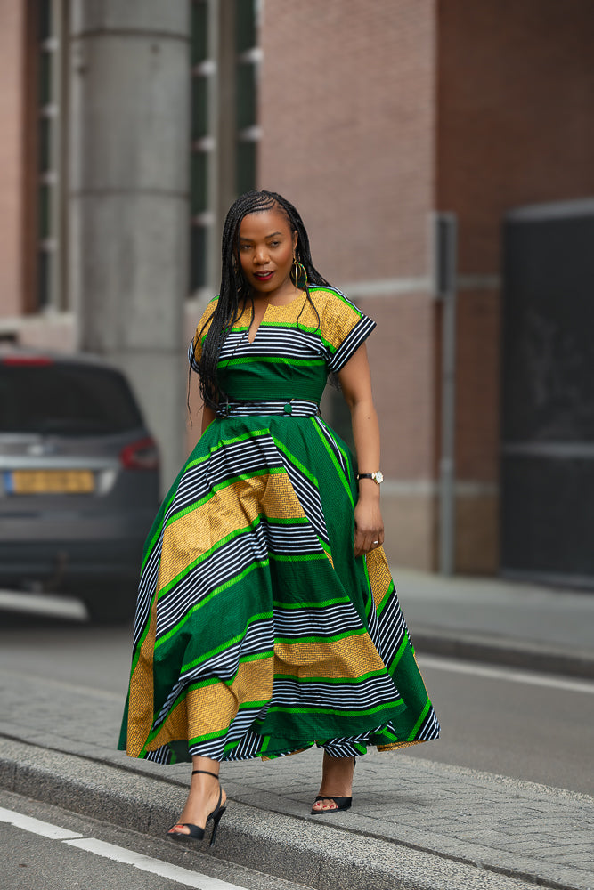 Green striped African print Ankara Maxi Birthday Occasion Dress