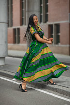 Peju Green & Yellow striped African print Ankara Maxi Women's Dress