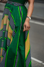 Peju Green & Yellow striped African print Ankara Maxi Women's Dress close up view