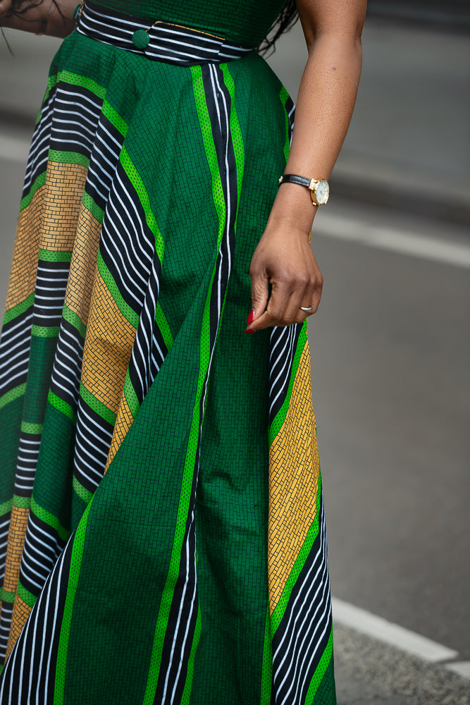 Peju Green & Yellow striped African print Ankara Maxi Women's Dress close up view