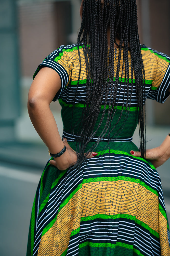 Peju Green & Yellow striped African print Ankara Maxi Women's Dress Back view