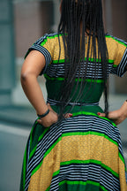 Peju Green & Yellow striped African print Ankara Maxi Women's Dress Back view