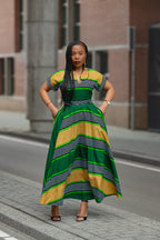 Peju Green & Yellow striped African print Ankara Maxi Women's Dress