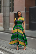 Green striped African print Ankara Maxi Birthday Occasion Dress