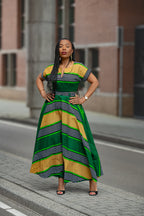 Green & Yellow striped African print Ankara Maxi Birthday Occasion Dress