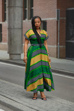 Green & Yellow striped African print Ankara Maxi Birthday Occasion Dress
