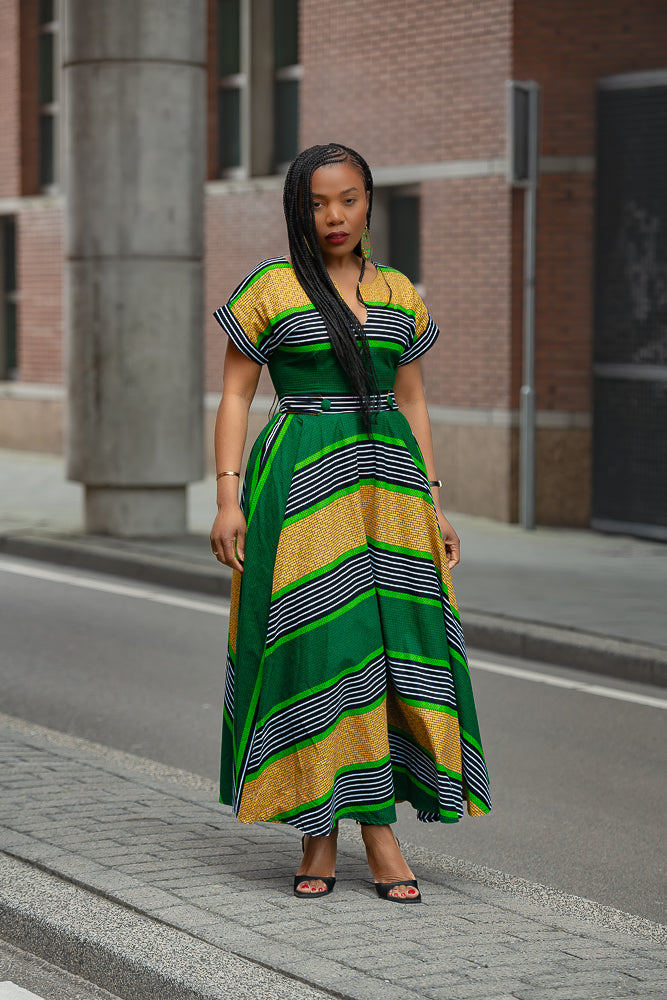 Green & Yellow striped African print Ankara Maxi Birthday Occasion Dress