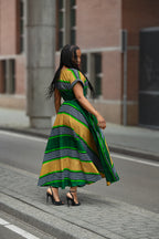 Back view of Green & Yellow striped African print Ankara Maxi Birthday Occasion Dress