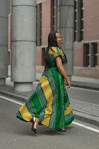 Peju Green & Yellow striped African print Ankara Maxi Women's Dress
