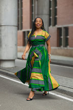 Peju Green & Yellow striped African print Ankara Maxi Women's Dress