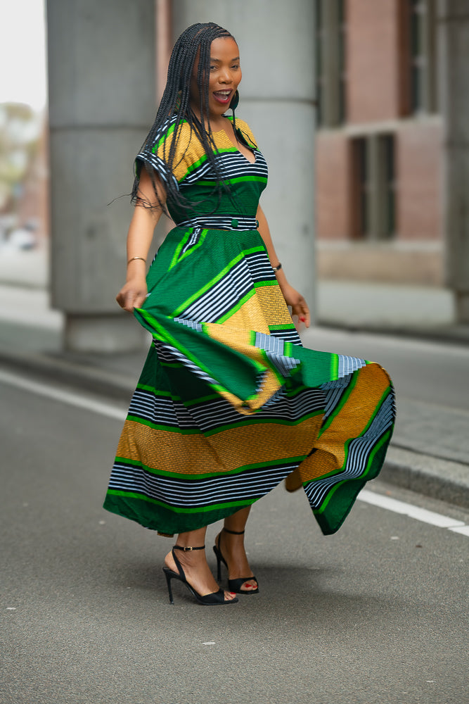 Peju Green & Yellow striped African print Ankara Maxi Women's Dress