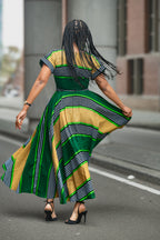 Back View of Women’s Ankara party dress with striped African print.