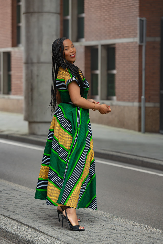 Side profile of Ankara African print Occasion maxi Dress