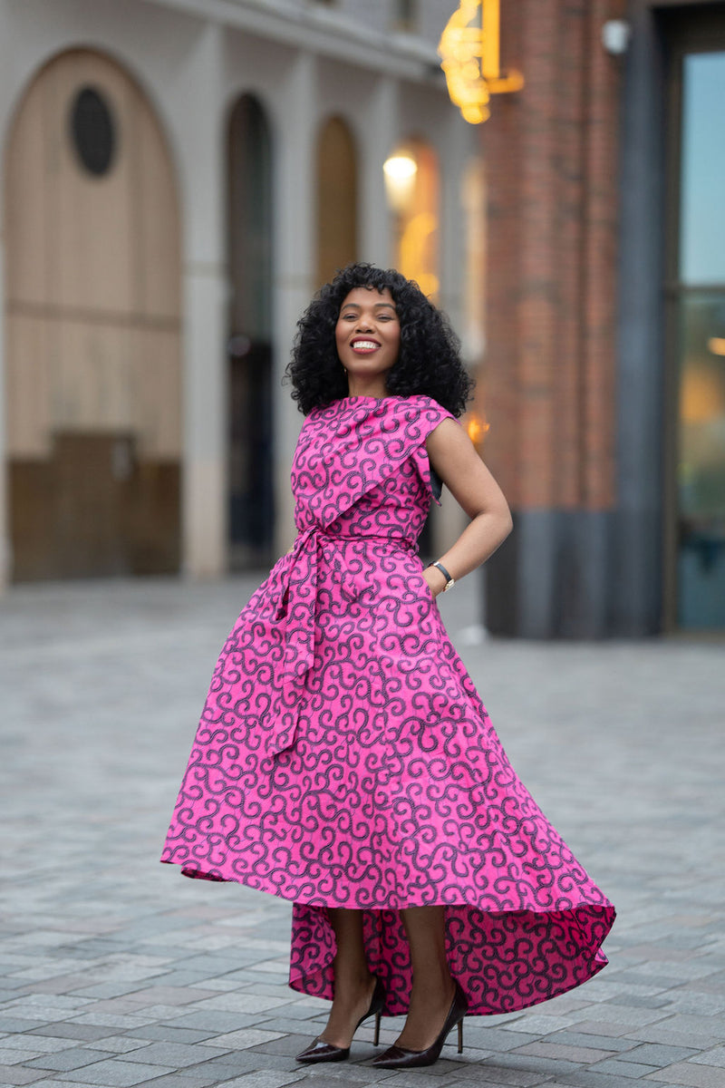 Rosalia Pink Swirl Ankara Hi-Low Midi Dress