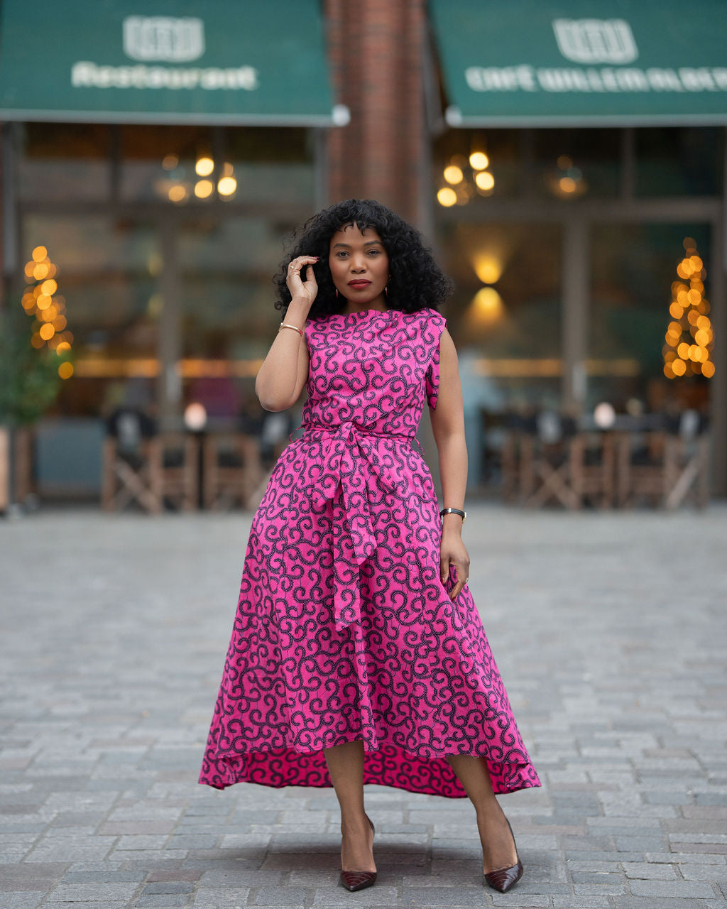 Rosalia Pink Swirl Ankara Hi-Low Midi Dress – African print Ankara dress by Heritage Clothings – view 3