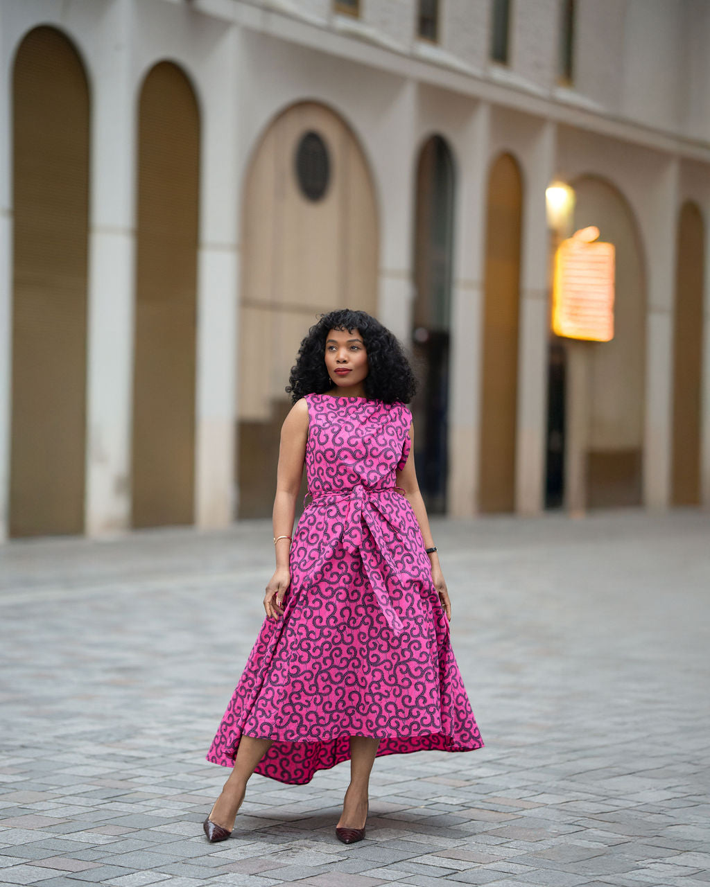 Rosalia Pink Swirl Ankara Hi-Low Midi Dress – African print Ankara dress by Heritage Clothings – view 6