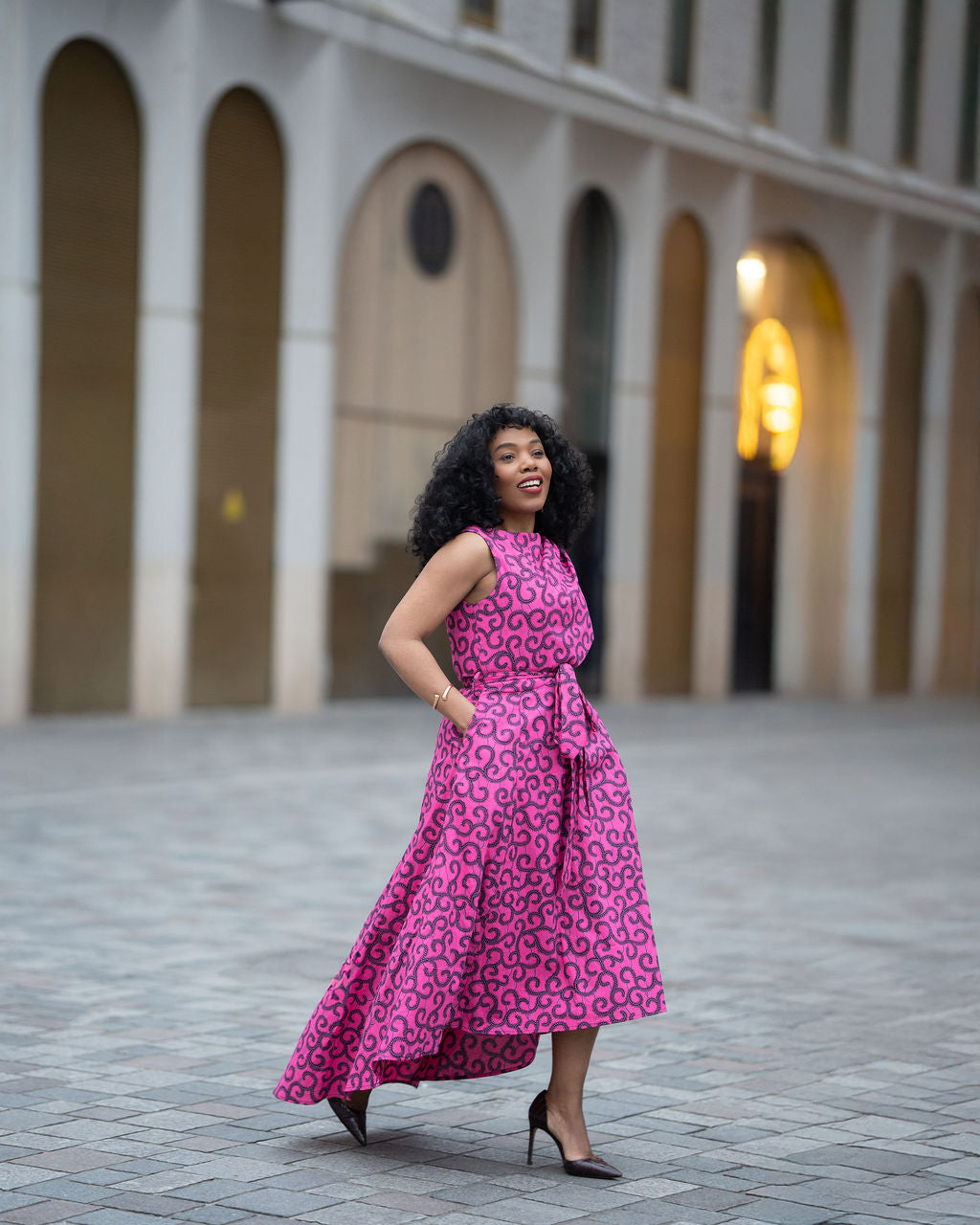 Rosalia Pink Swirl Ankara Hi-Low Midi Dress – African print Ankara dress by Heritage Clothings – view 9